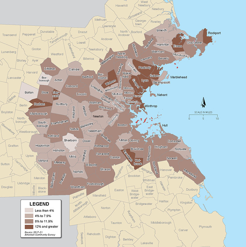 Figure 3-4 is a map that shows the percent of the population in the Boston region that
has a disability, by municipality.
